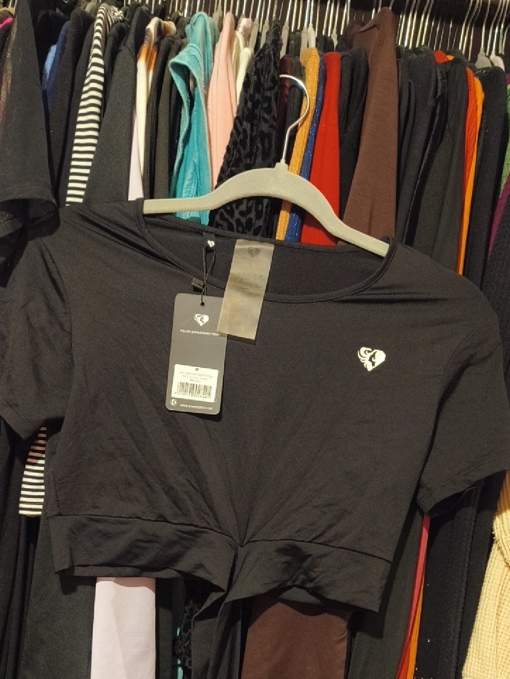 Women's Black Cropped Tee with Small Heart Emblem